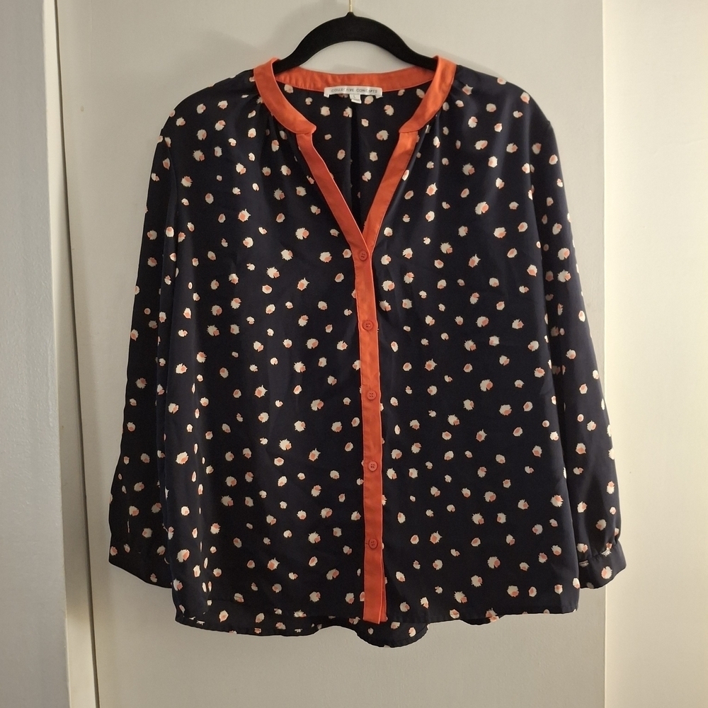Collective Concepts Women's Navy Blouse with Orange Dots and Trim